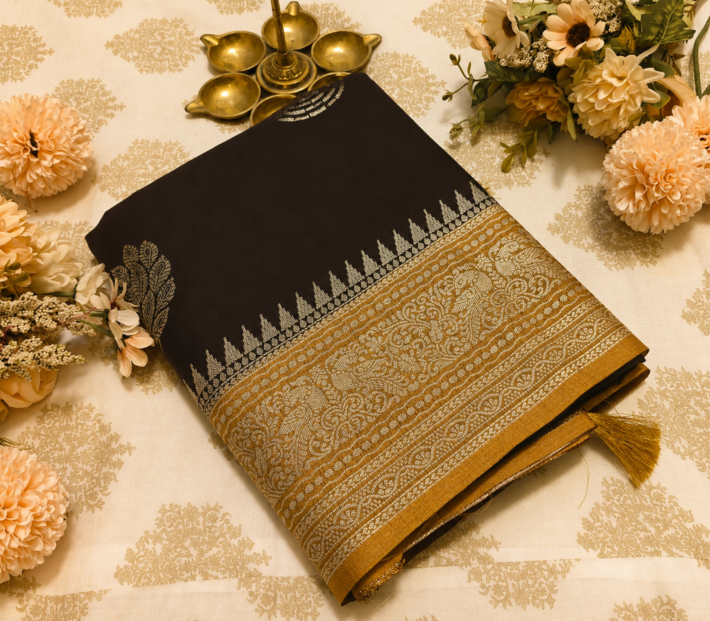 Antique Gold Zari Coffee Brown Saree