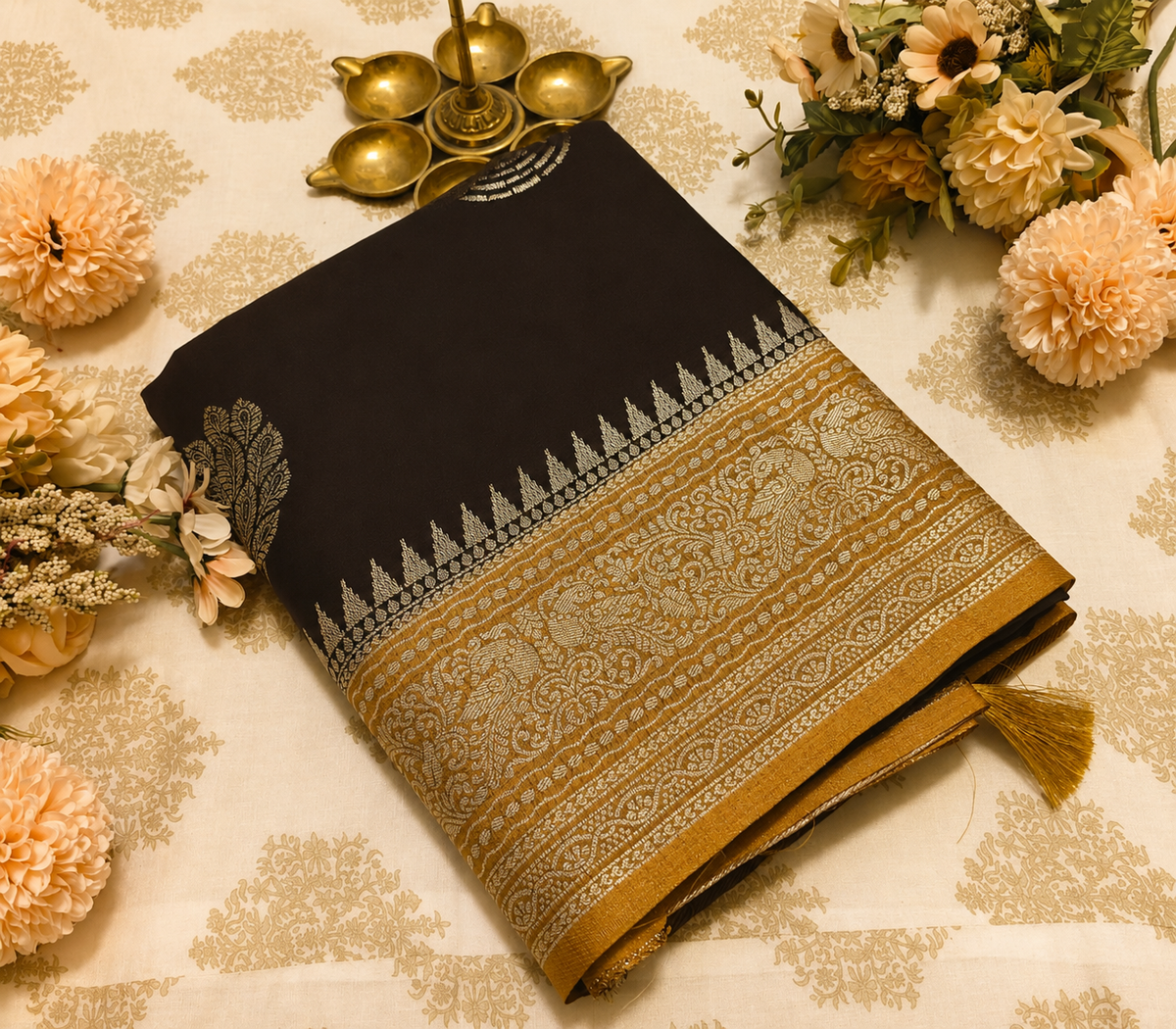 Antique Gold Zari Coffee Brown Saree