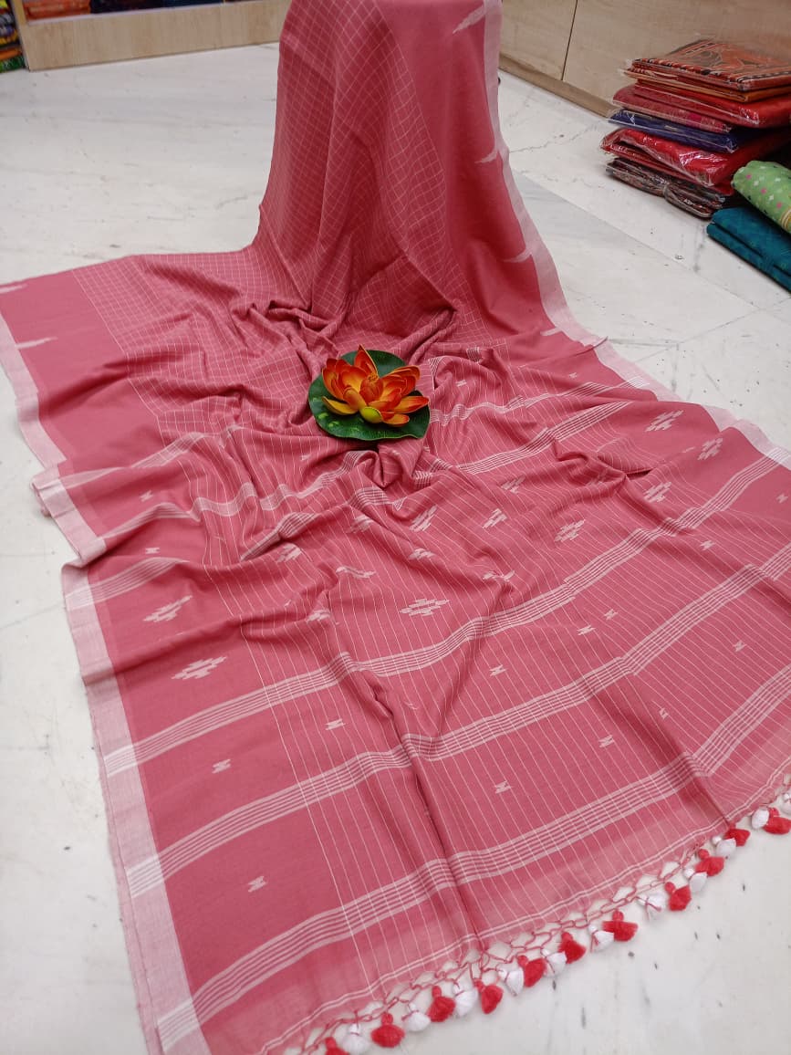 Bengal Cotton Saree – Rose Blush Elegance