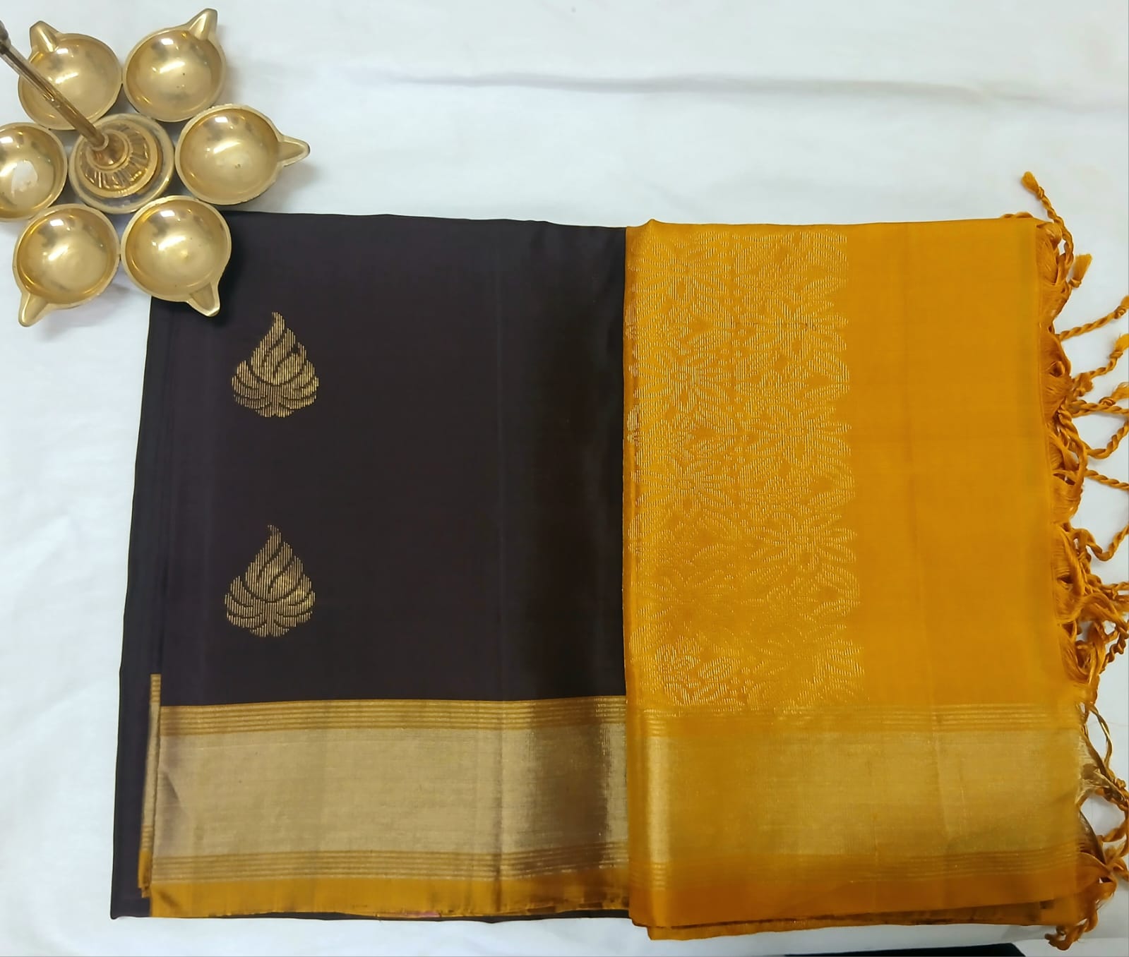 Coffee Brown & Mustard Yellow Soft Silk Saree