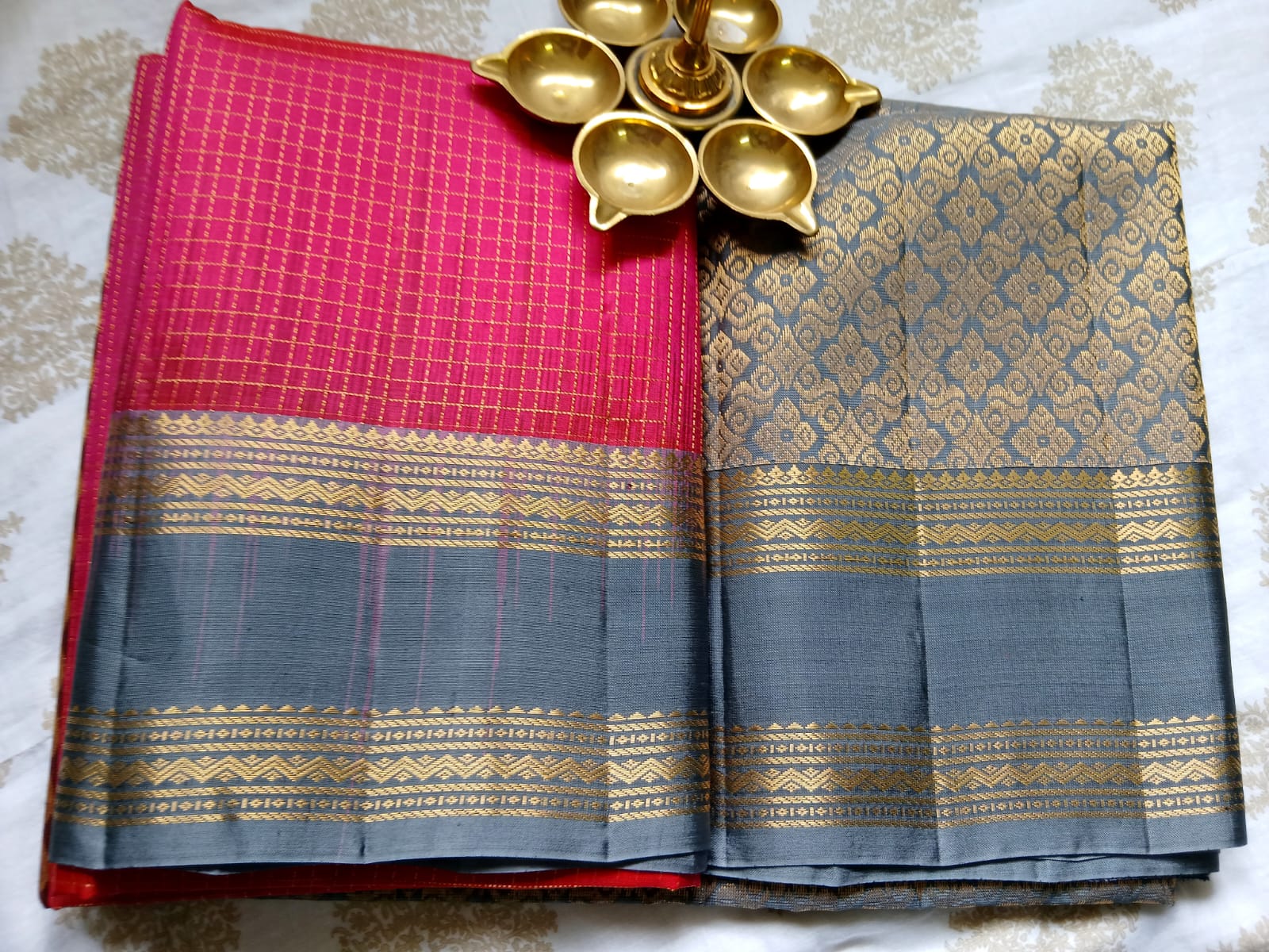 Checked Crimson Red & Silver Grey Silk Saree
