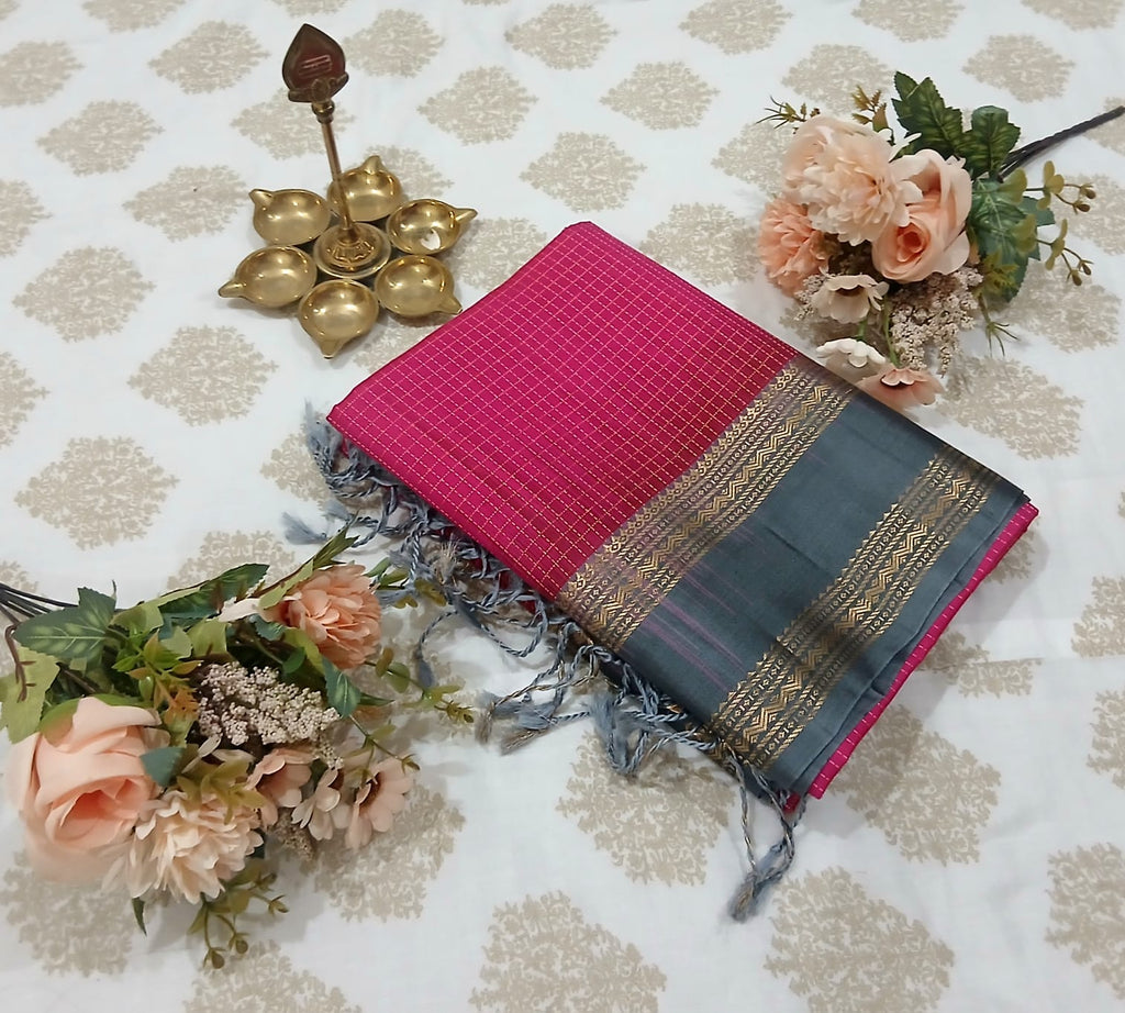 Checked Crimson Red & Silver Grey Silk Saree