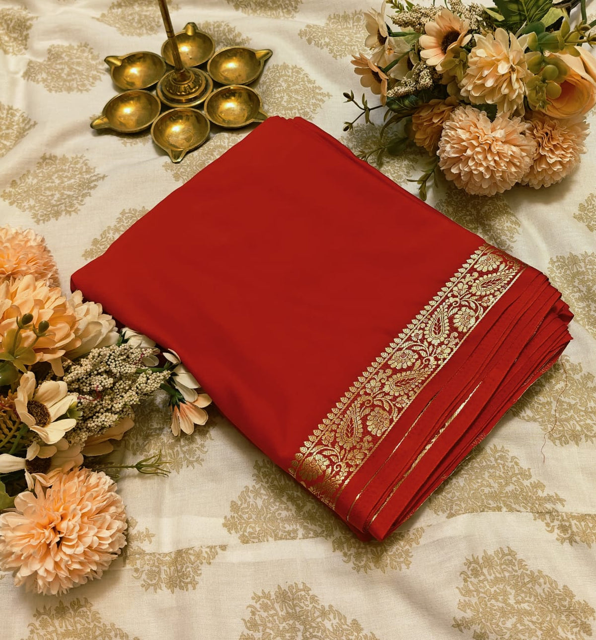 Classic Red Crepe Saree with Gold Zari Border