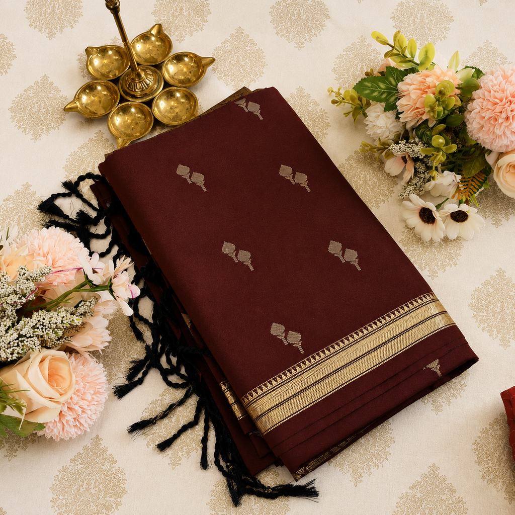 Coffee Brown Semi Silk Saree with Gold Buttas & Elegant Zari Border