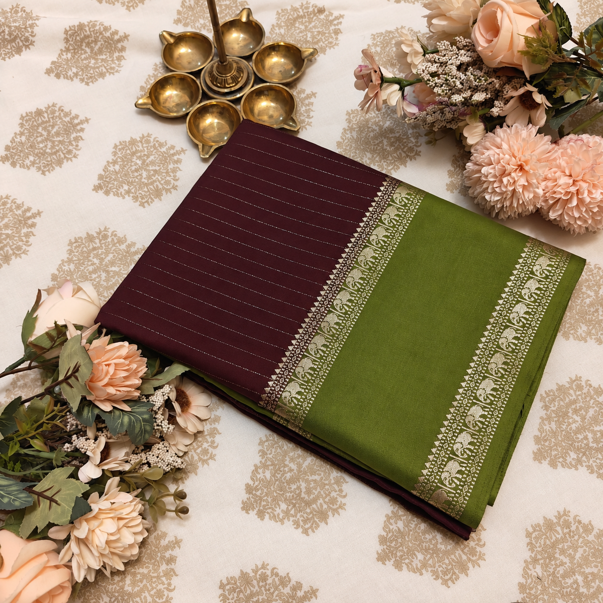 Coffee Brown & Olive Green Crepe Saree