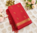 Coral Pink Semi Silk Saree with Elegant Gold Buttas & Classic Zari Border