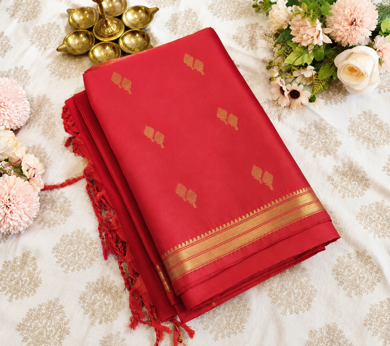 Coral Pink Semi Silk Saree with Elegant Gold Buttas & Classic Zari Border