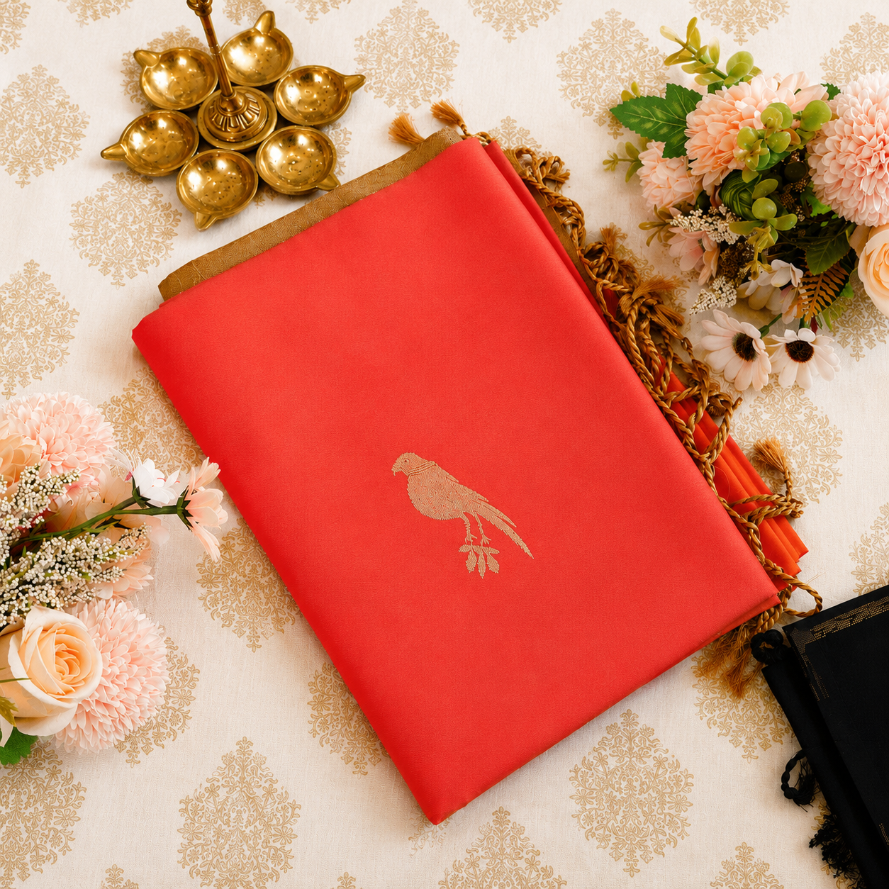 Coral Red Semi Silk Saree with Elegant Gold Bird Motif & Tassels