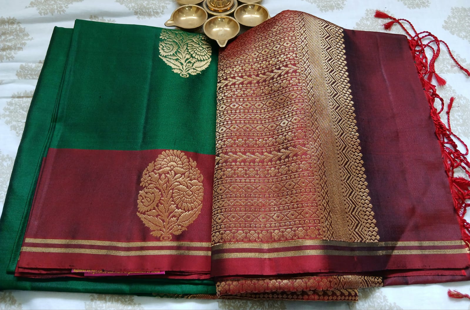 Dark Green & Maroon Border Soft Silk Saree