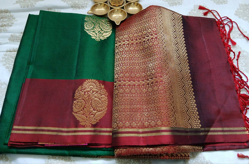 Dark Green & Maroon Border Soft Silk Saree