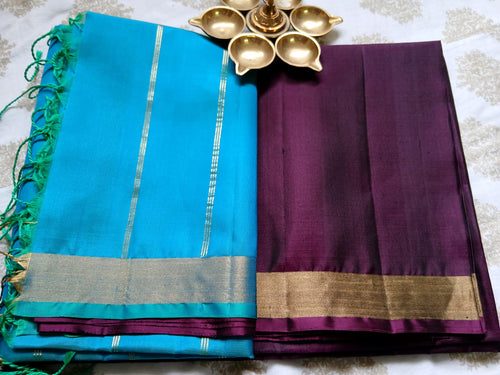 Dark Brown With Light Bule Soft Silk Saree