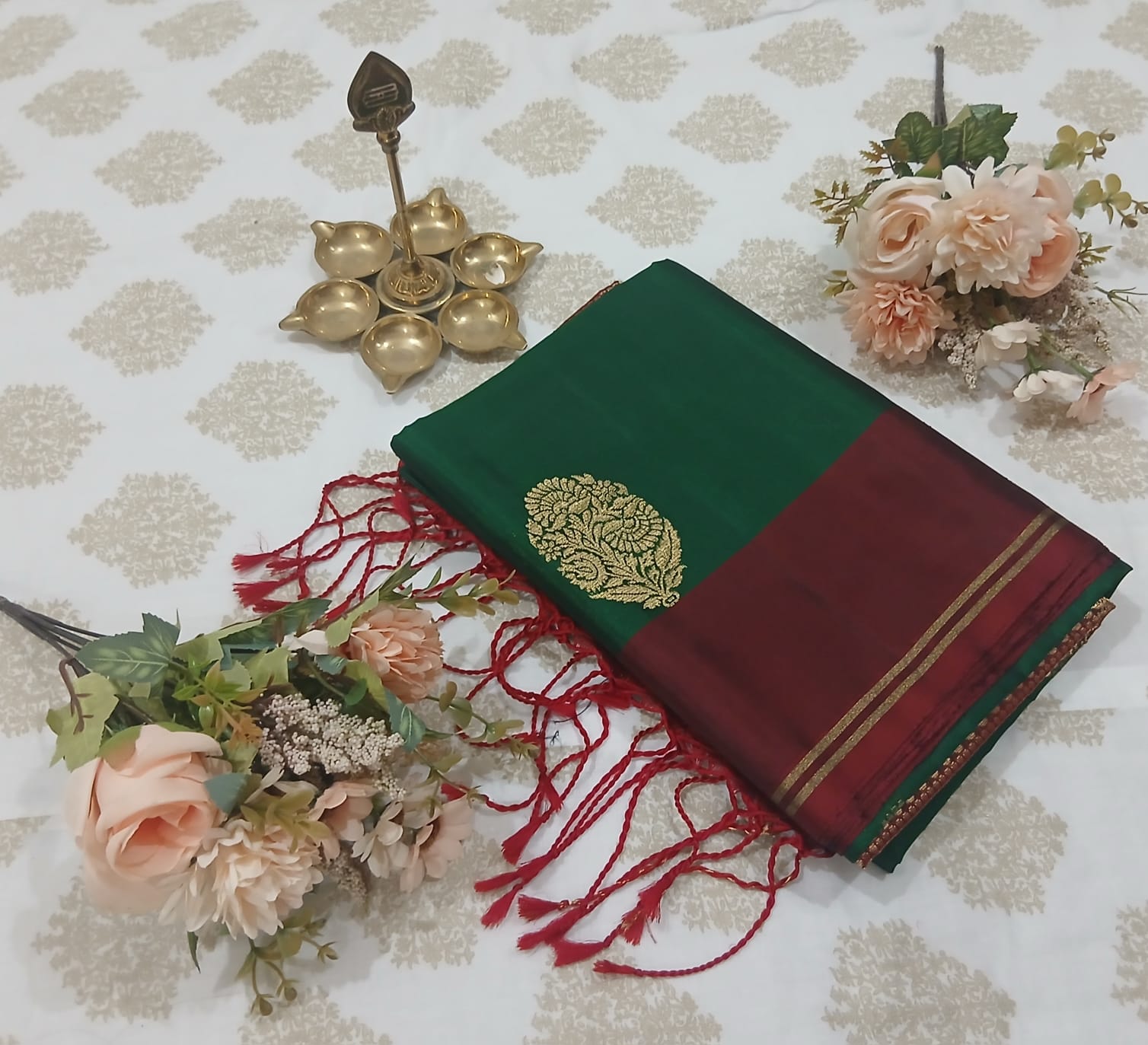 Dark Green & Maroon Border Soft Silk Saree