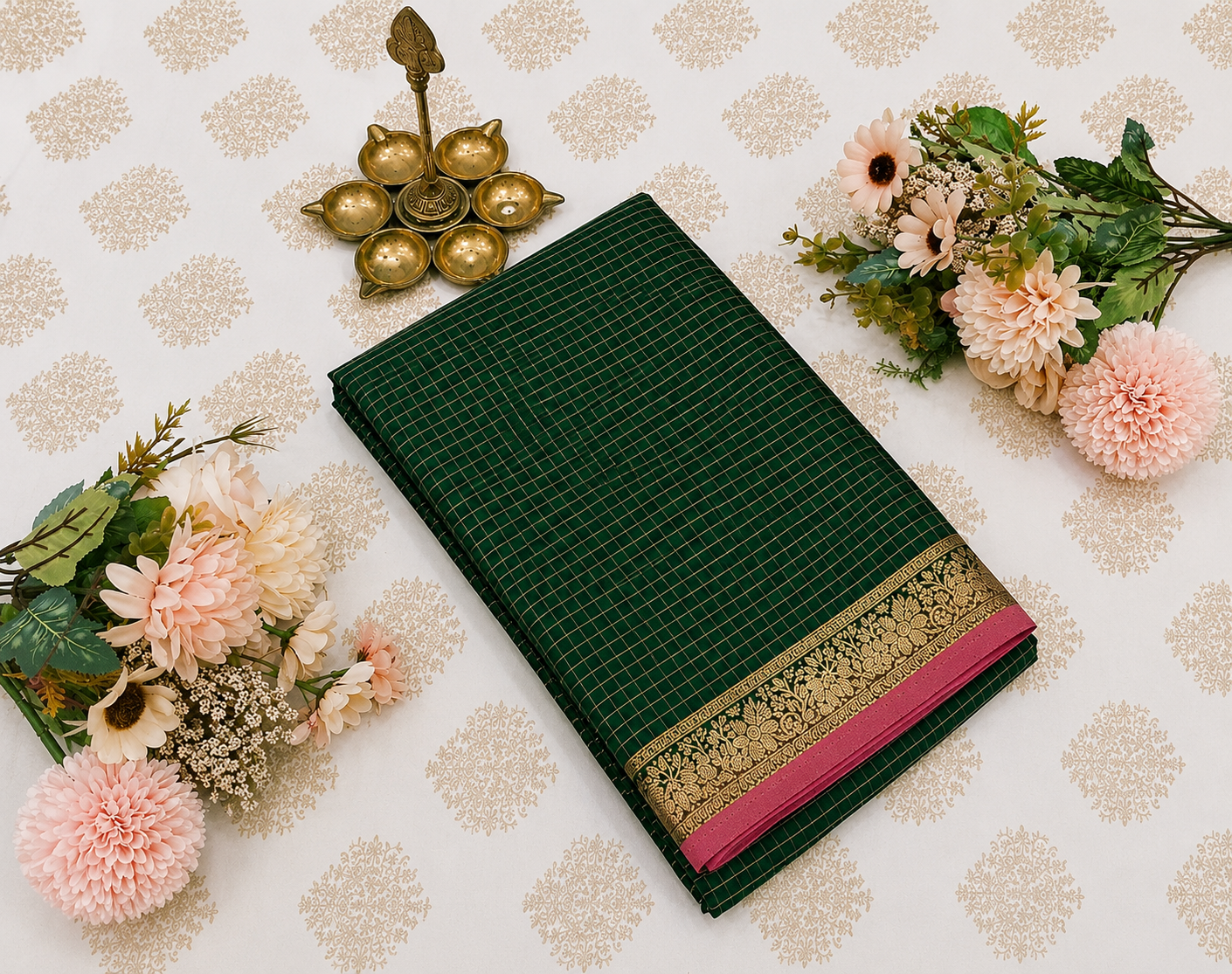 Deep Green Crepe Saree with Pink Zari Border