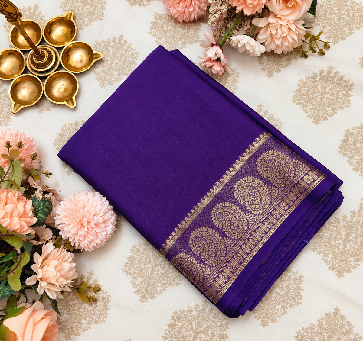 Deep Purple Crepe Saree with Gold Paisley Border