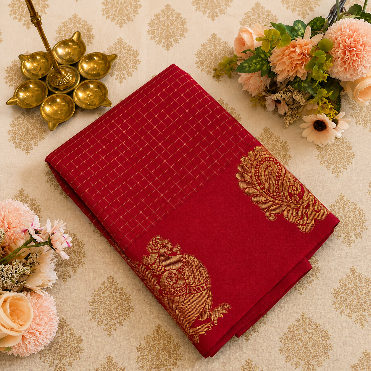 Deep Red Semi Silk Saree with Gold Checks & Peacock Zari Design