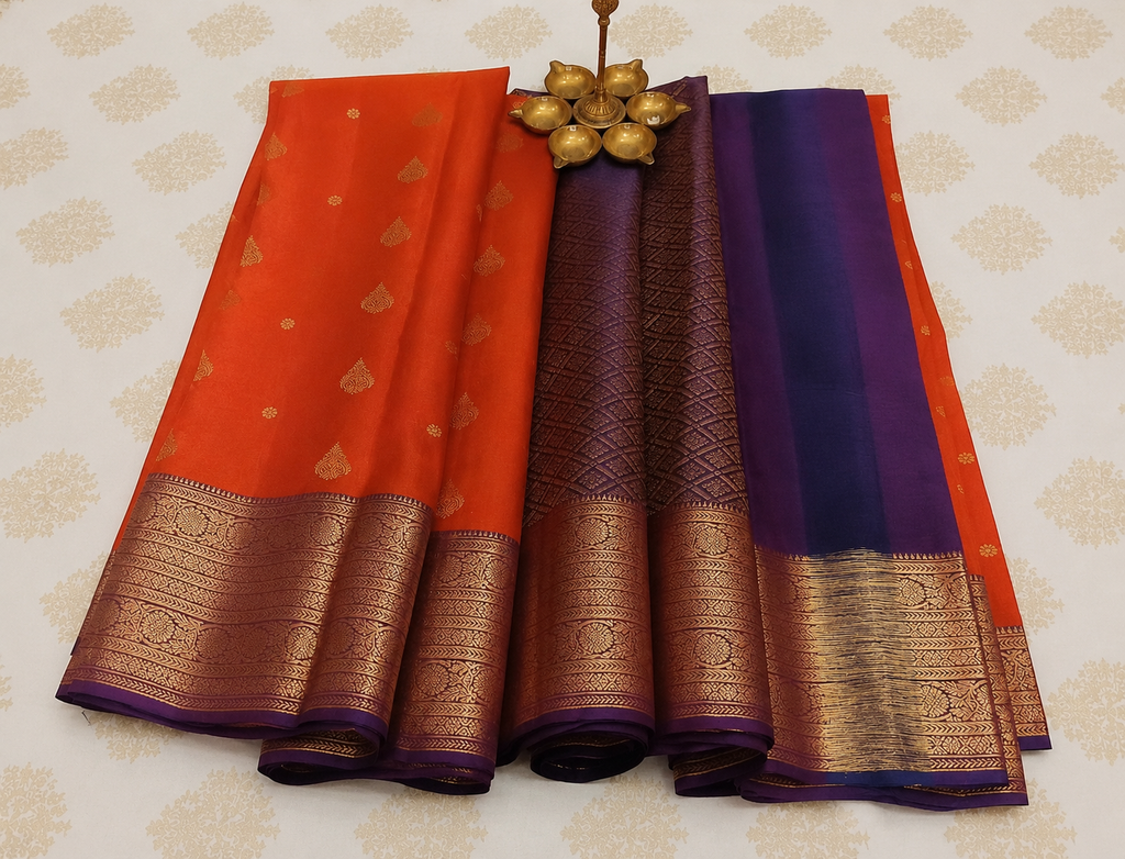 Dual-Tone Orange Pure Silk Saree with Royal Violet Pallu