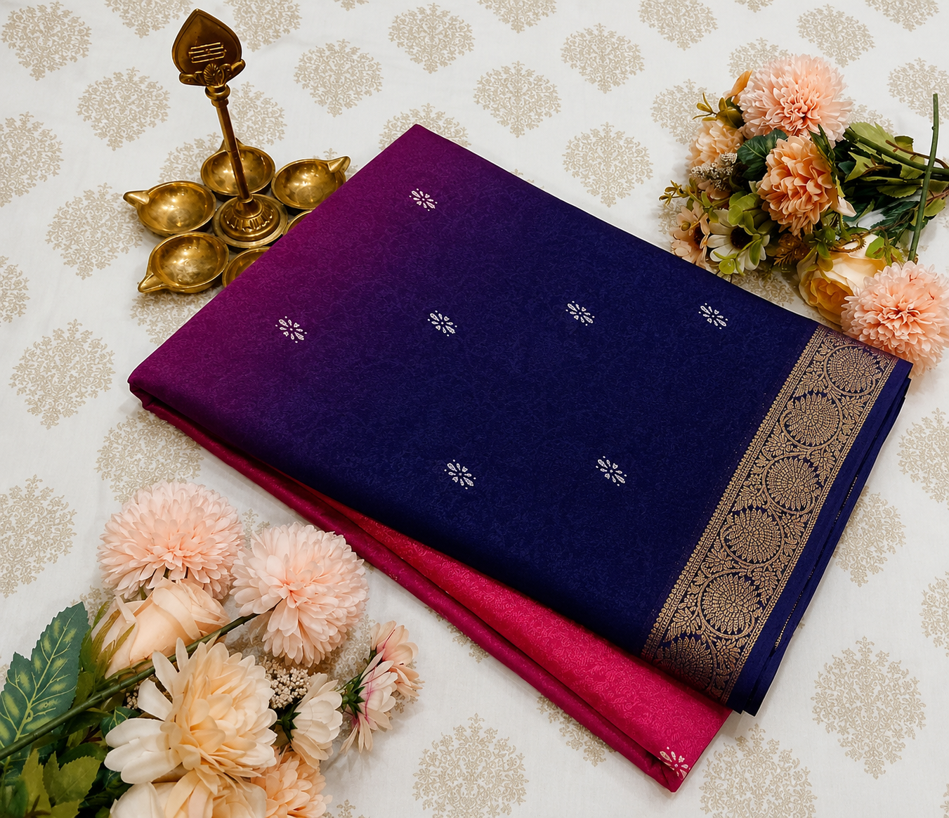 Dual-Tone Pink &amp; Royal Blue Chiffon Saree