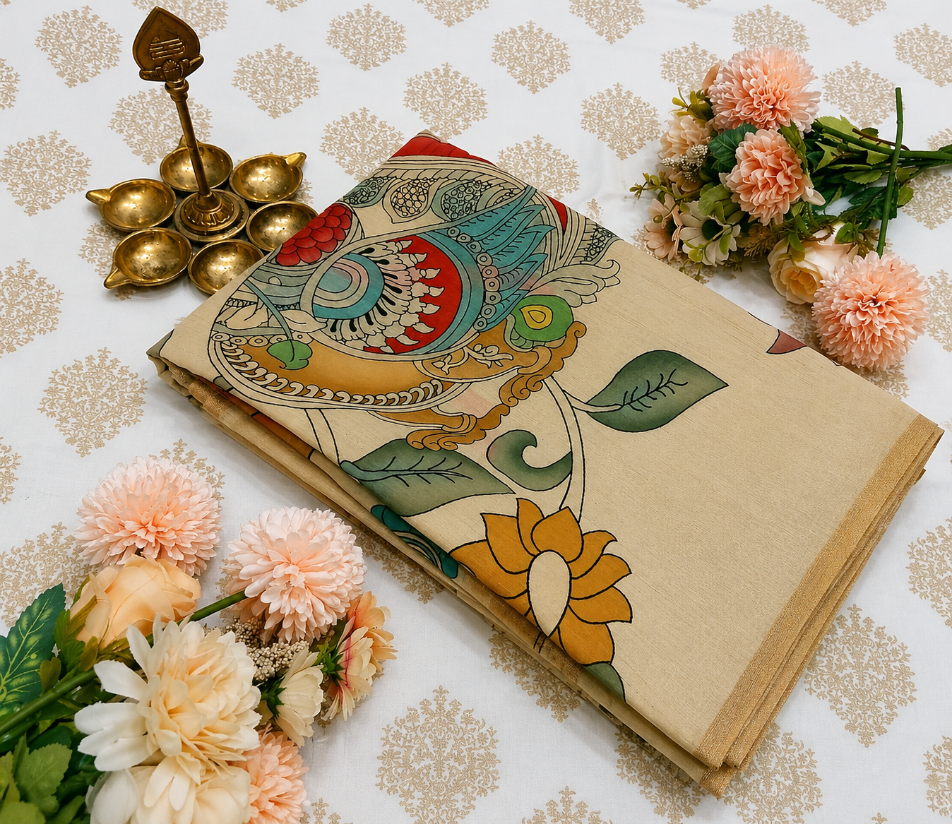 Elegant Beige Kalamkari cotton Saree