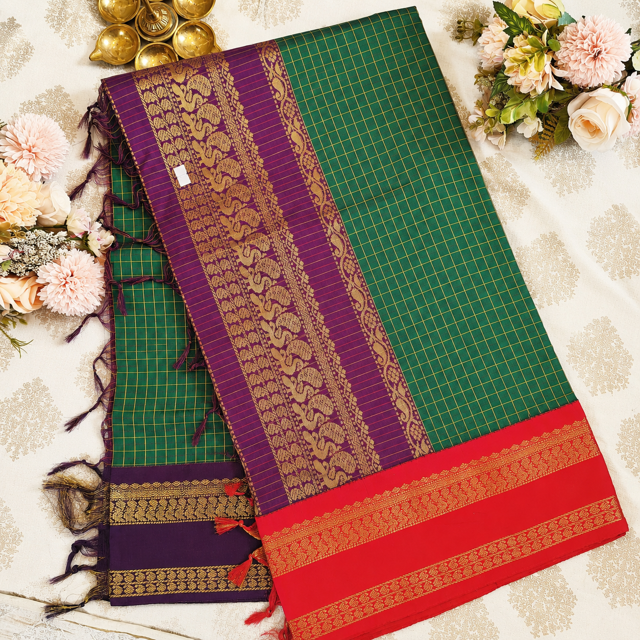 Emerald Green Checked Saree with Purple Zari Panel & Red Contrast Border