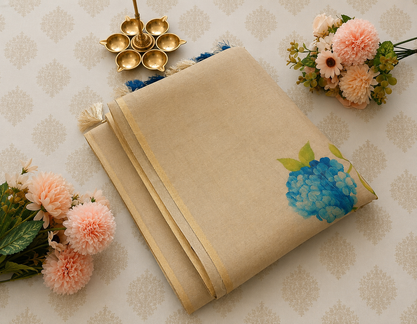 Golden Beige Linen Cotton Saree with Blue Floral Print