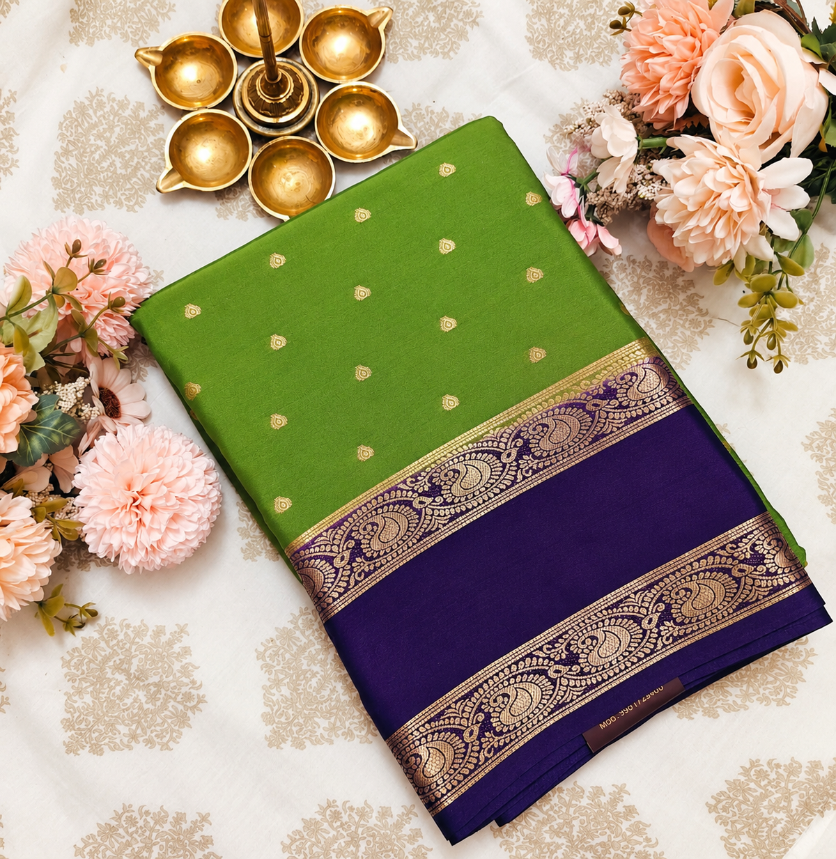 Green & Purple Crepe Saree with Paisley Border
