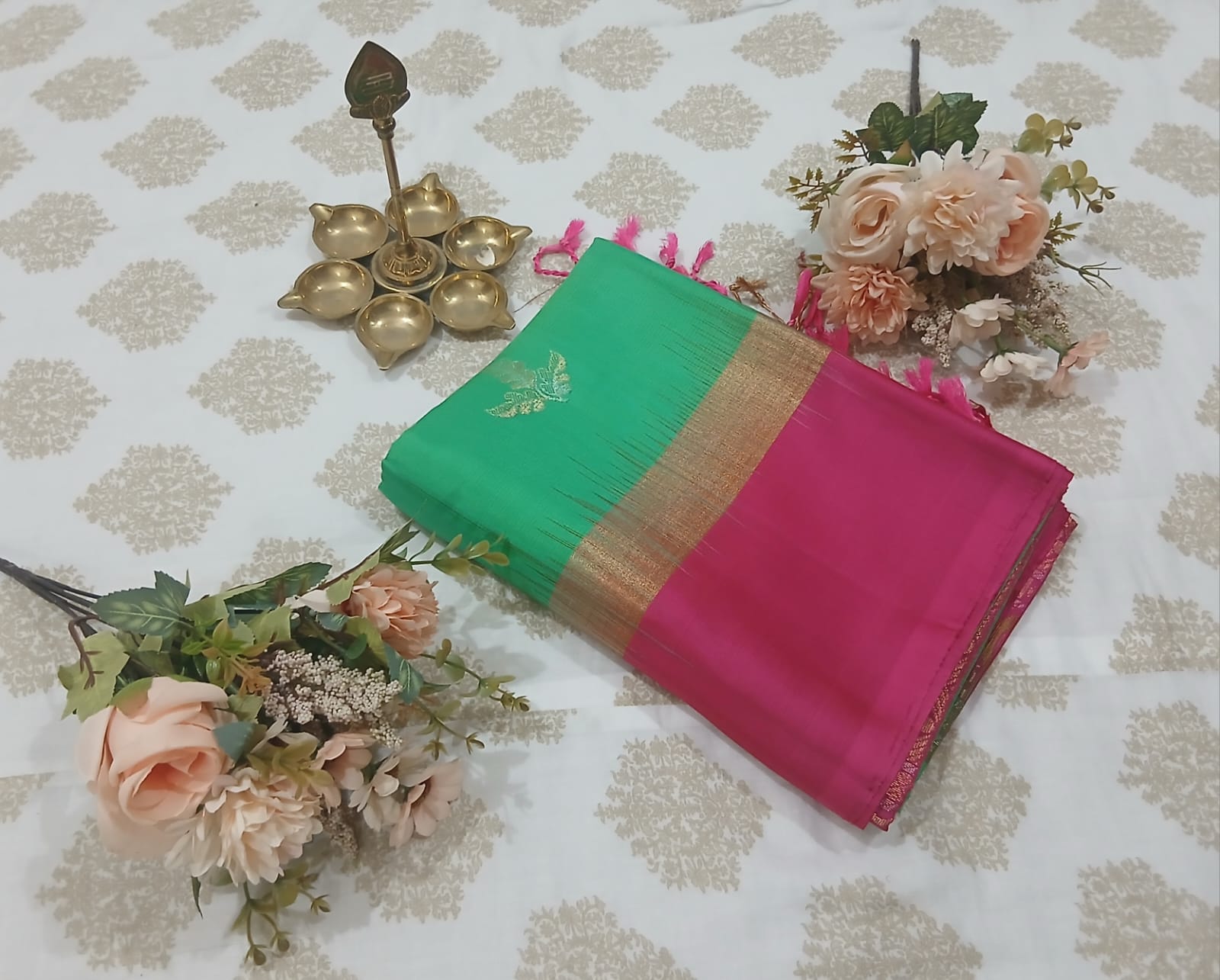 Parrot Green & Dark Pink Soft Silk Saree