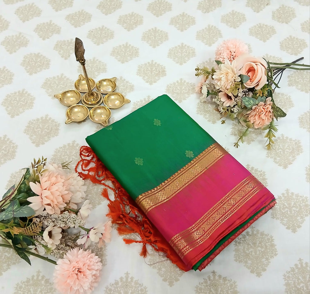 Emerald Green & Pink Double Border Soft Silk Saree