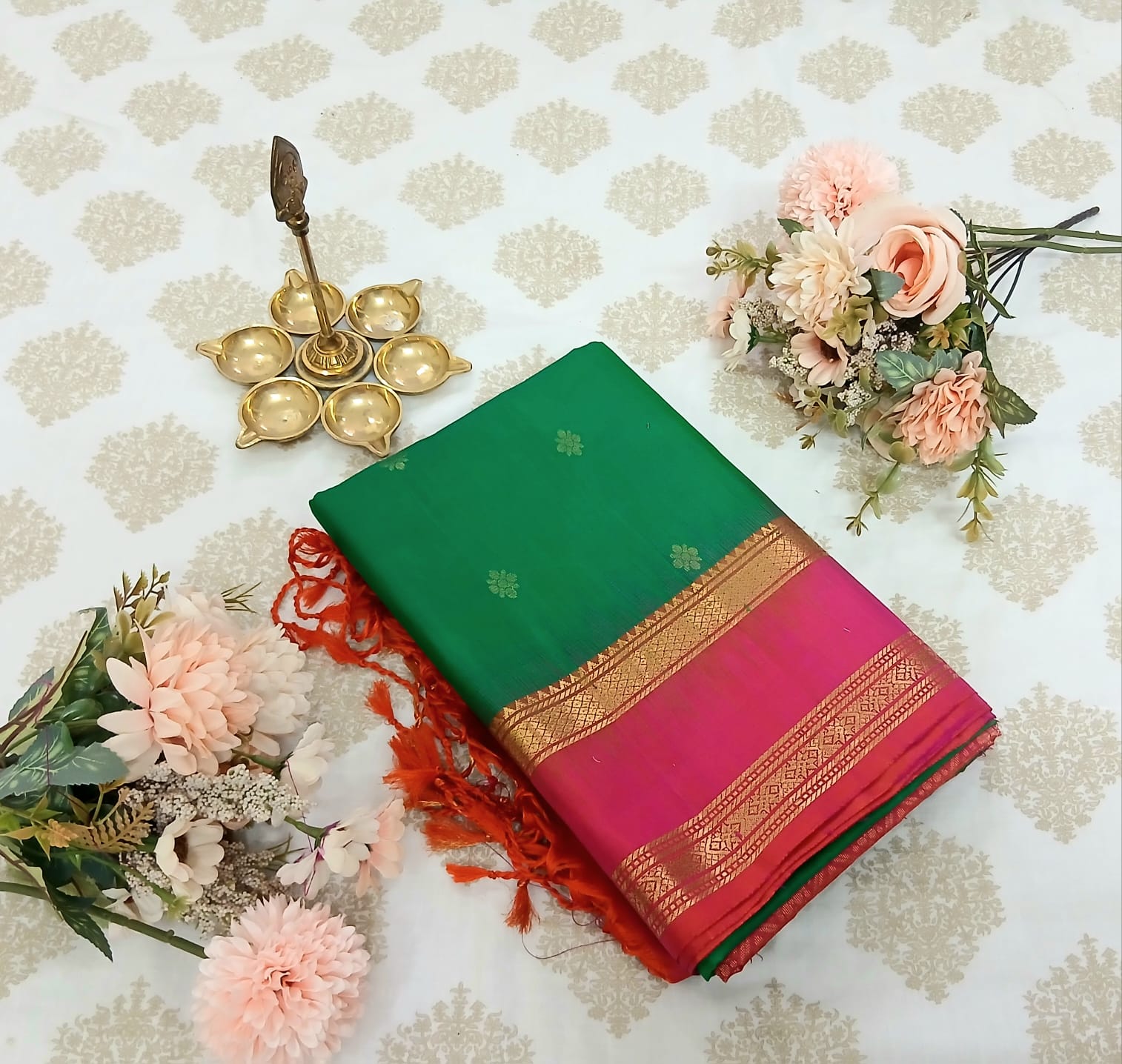 Emerald Green & Pink Double Border Soft Silk Saree