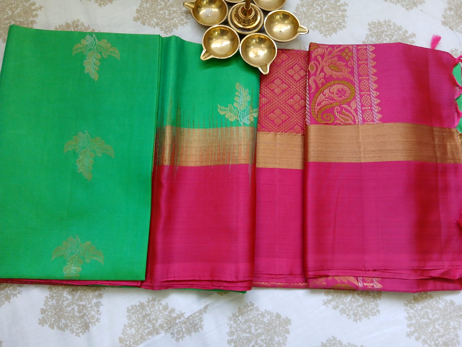 Parrot Green & Dark Pink Soft Silk Saree