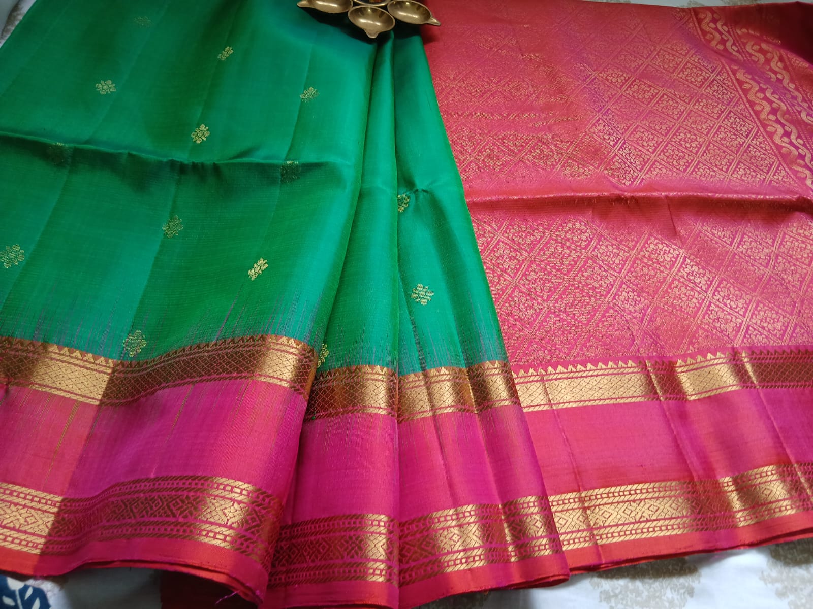 Emerald Green & Pink Double Border Soft Silk Saree