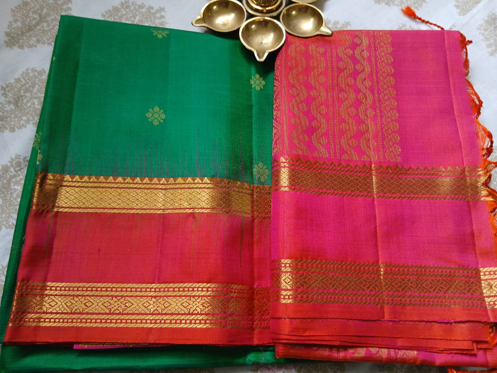 Emerald Green & Pink Double Border Soft Silk Saree
