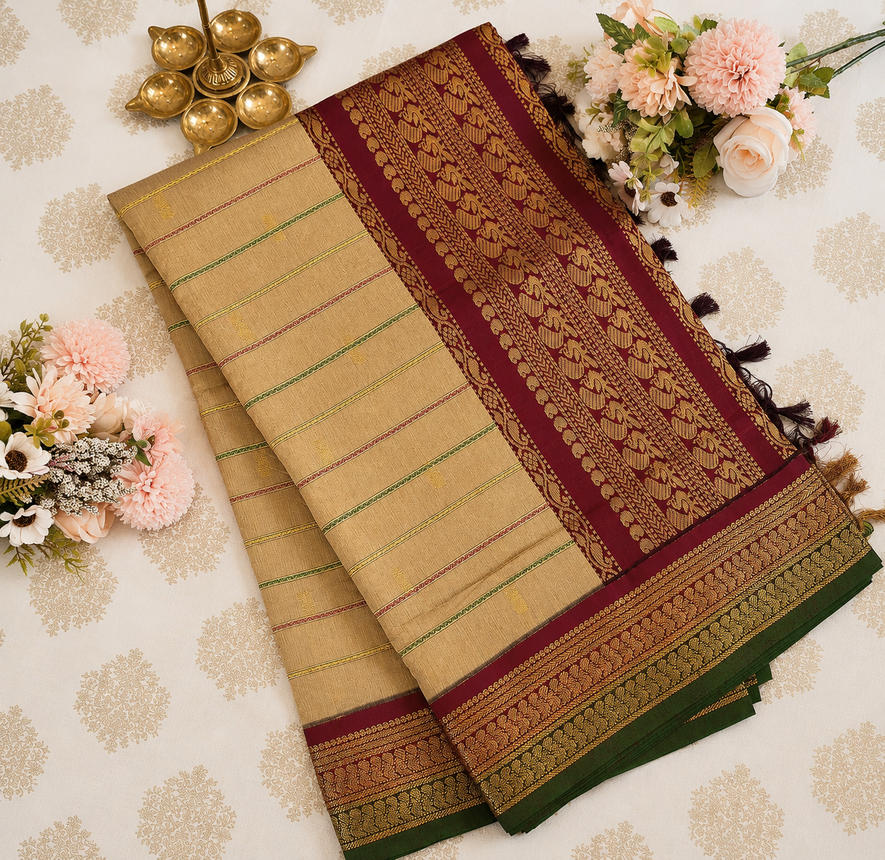 Kalyani Cotton Saree in Beige with Maroon Zari Border