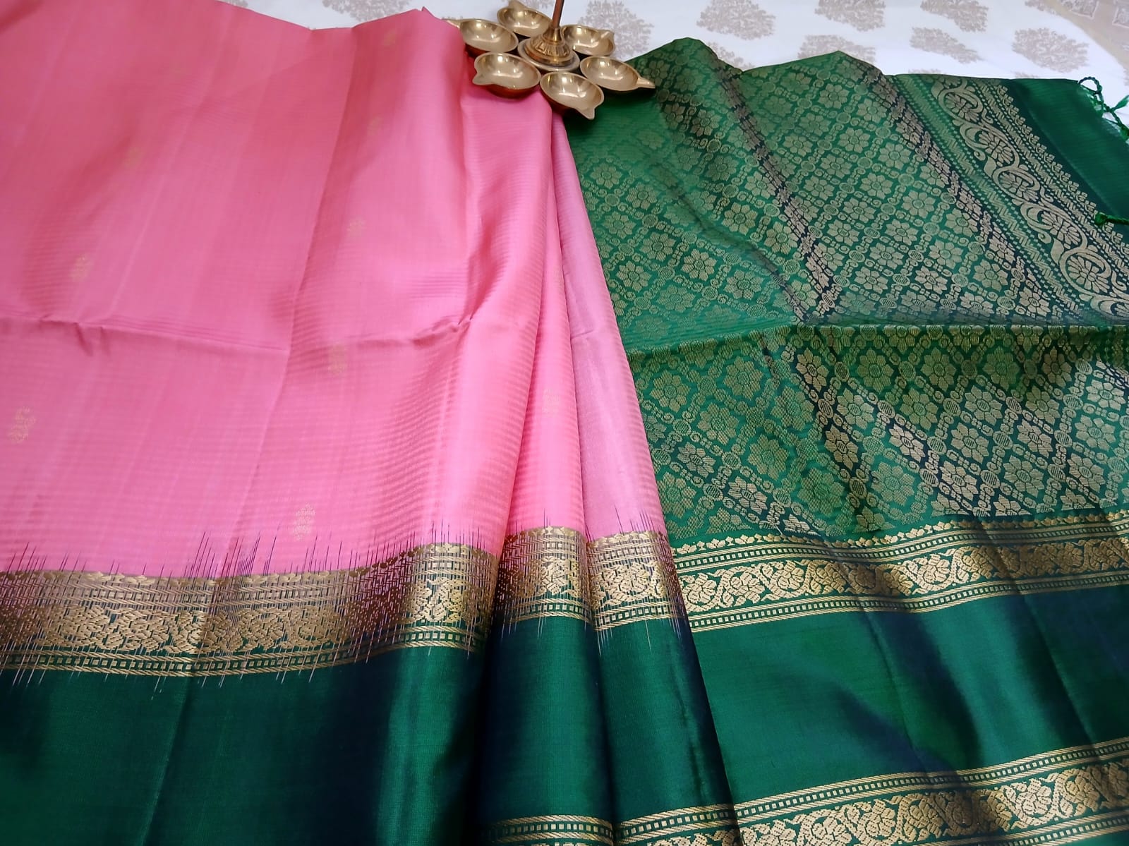 Blush Pink & Emerald Green Soft Silk Saree