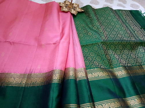 Blush Pink & Emerald Green Soft Silk Saree