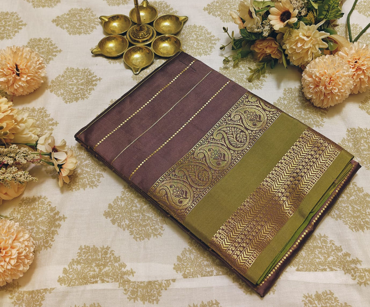 Light Brown & Olive Green Silk Saree with Gold Zari
