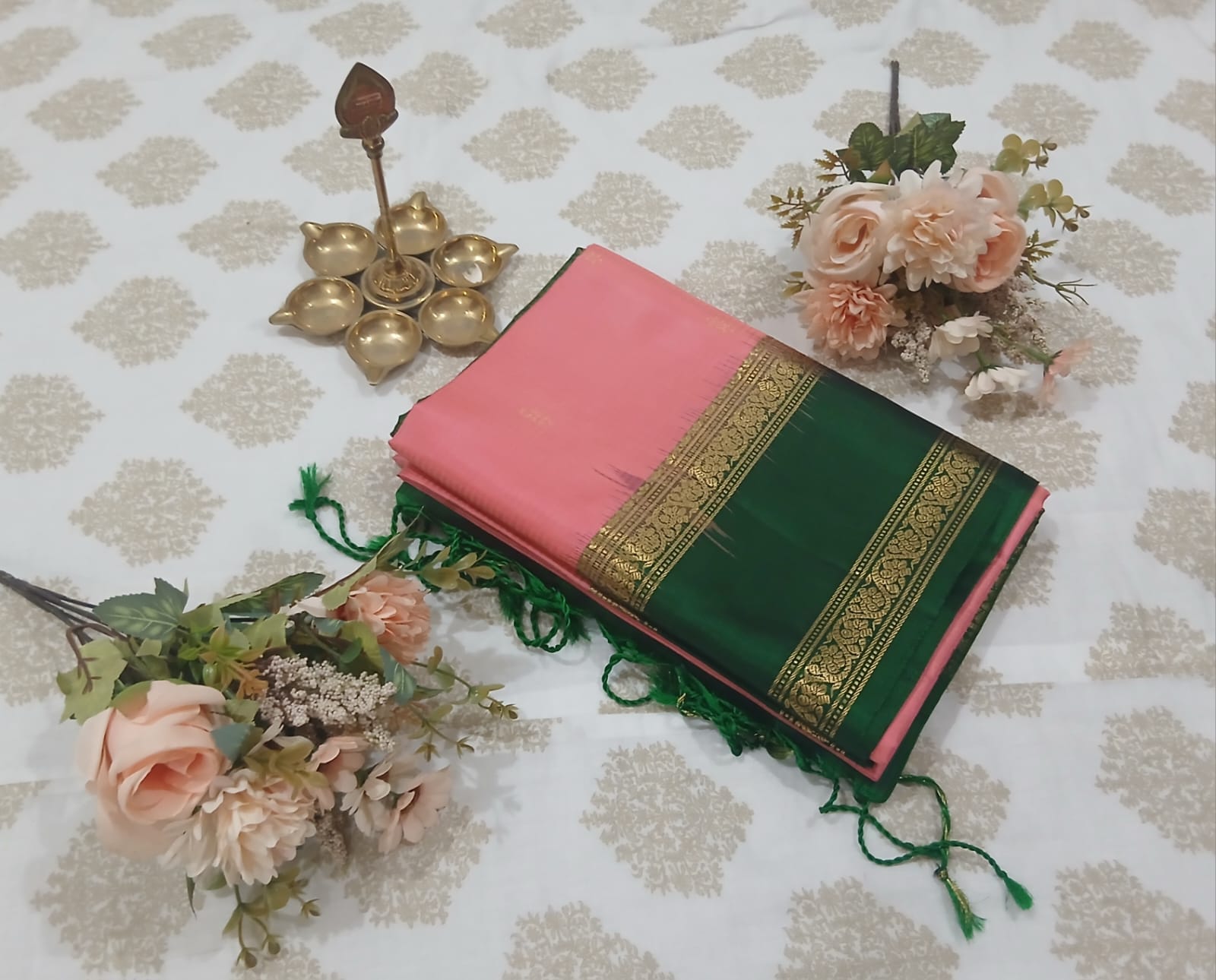 Blush Pink & Emerald Green Soft Silk Saree
