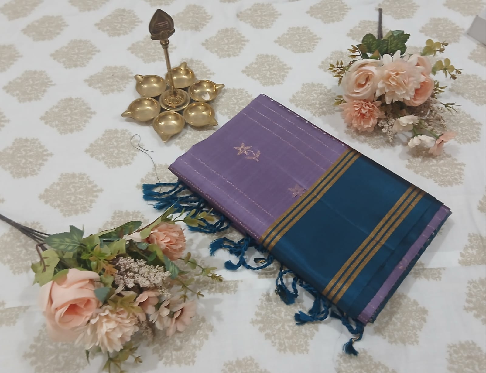 Light Violet & Peacock Blue Soft Silk Saree