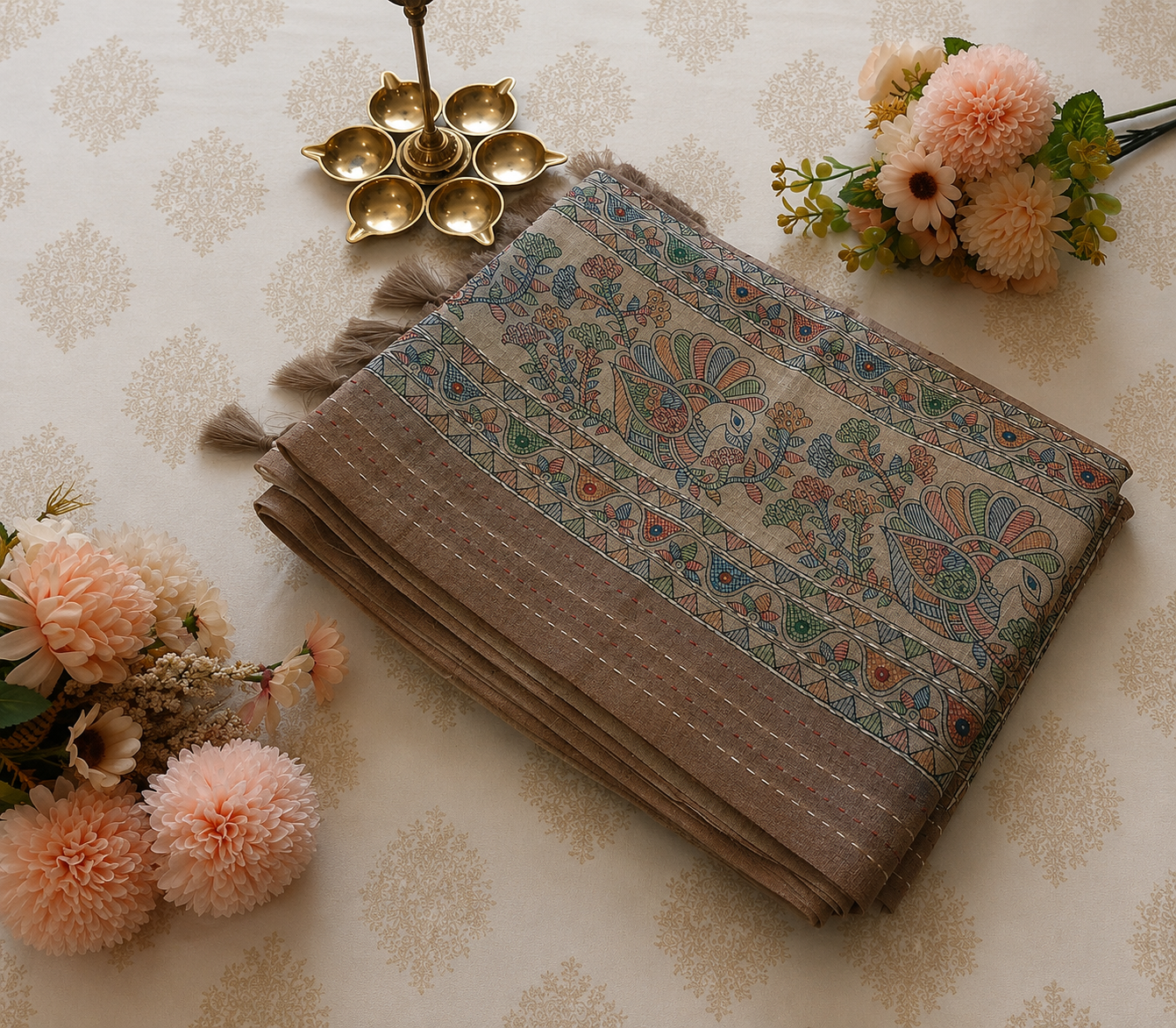 Linen Cotton Printed Saree – Traditional Art Inspired Elegance