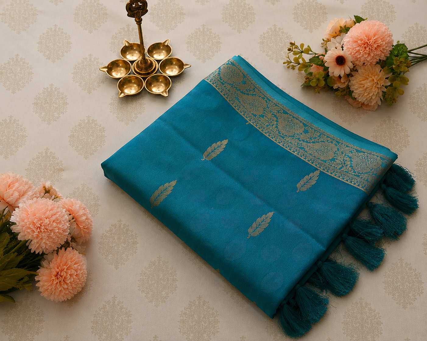 Turquoise Blue Linen Cotton Saree with Zari Leaf Motifs