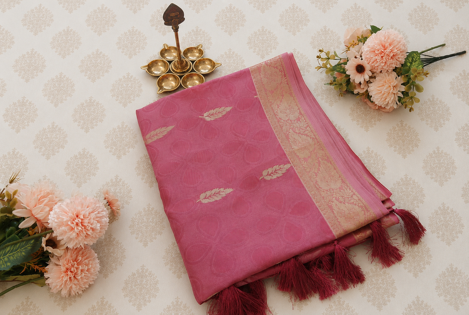 Pink Linen Cotton Saree with Zari Leaf Motifs