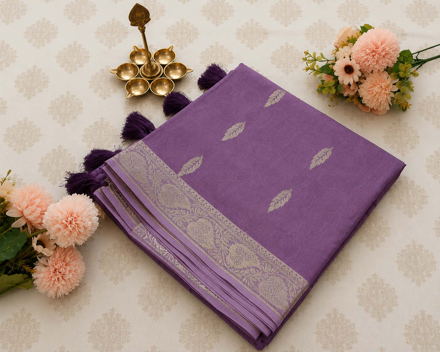 Purple Linen Cotton Saree with Zari Leaf Motifs