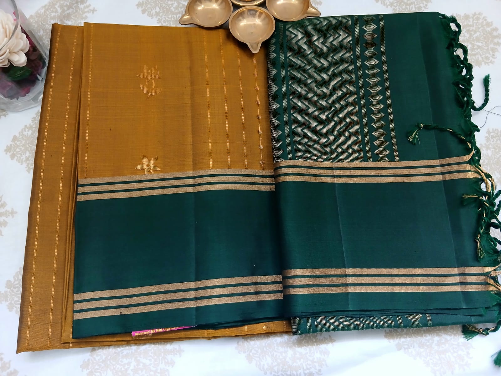Mustard Yellow & Bottle Green Double Border Soft Silk Saree