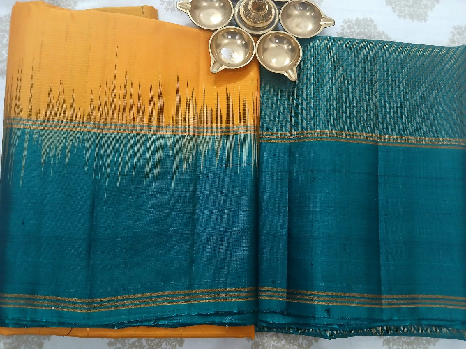 Mango Yellow & Peacock Green Soft Silk Saree