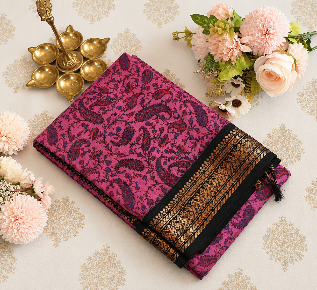 Magenta Paisley Print Saree with Black Copper Zari Border