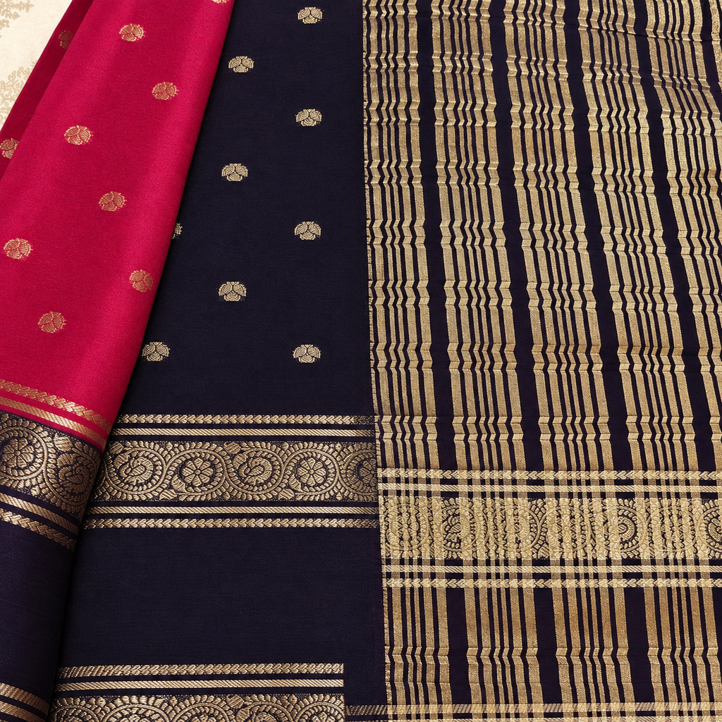 Magenta & Dark Blue Zari Georgette-Crepe Saree