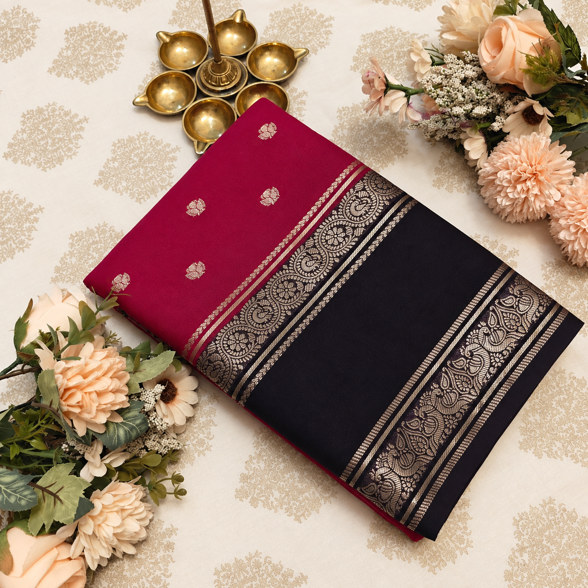 Magenta & Dark Blue Zari Georgette-Crepe Saree