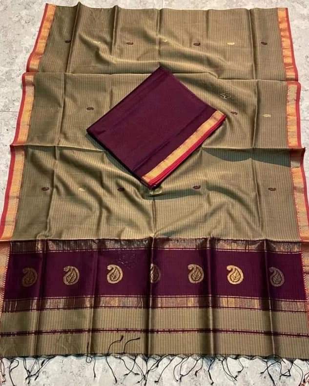 Maheshwari Silk Cotton Saree – Olive Plum Heritage