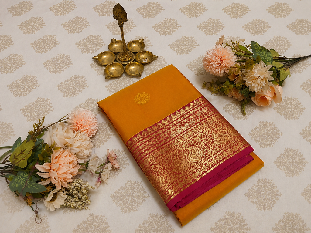 Mango Yellow Pure Silk Saree with Rani Pink Pallu – Silk Mark Certified