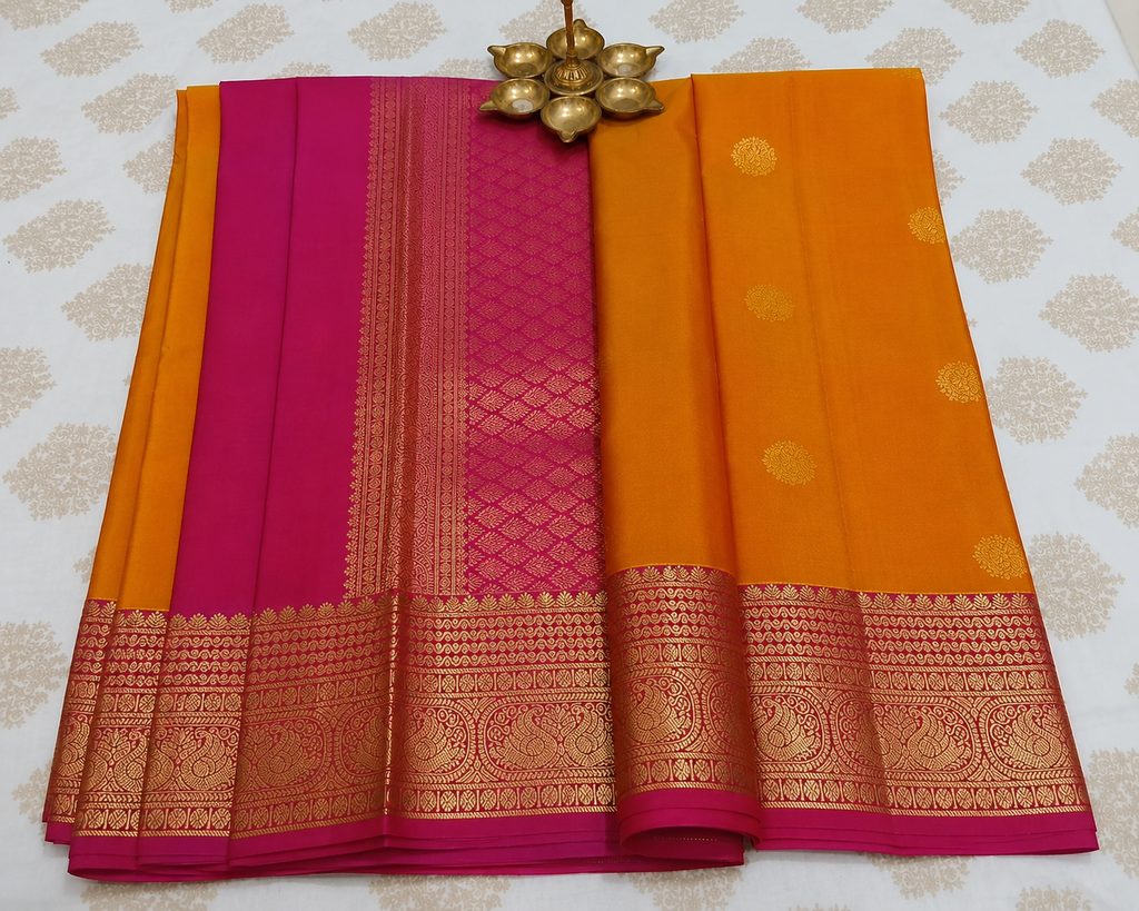 Mango Yellow Pure Silk Saree with Rani Pink Pallu – Silk Mark Certified