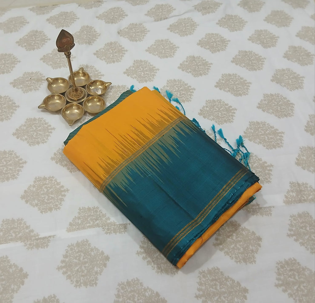 Mango Yellow & Peacock Green Soft Silk Saree